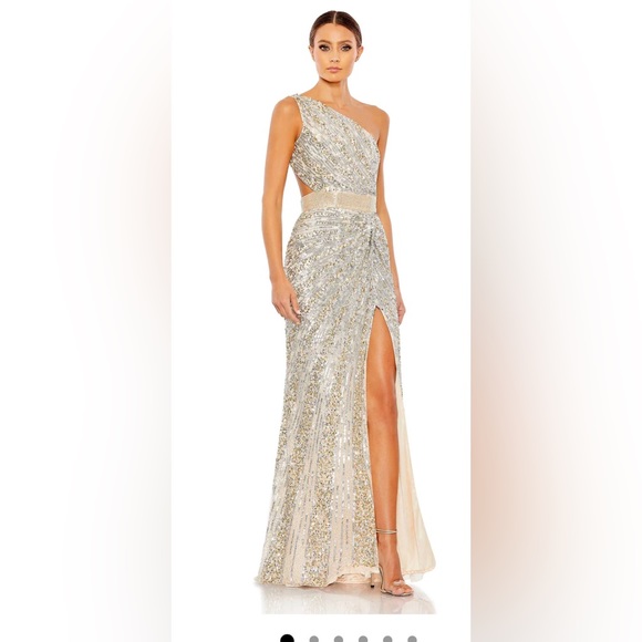 Mac Duggal SEQUINED ONE SHOULDER DRAPED LACE UP GOWN.  2070 - Picture 1 of 13
